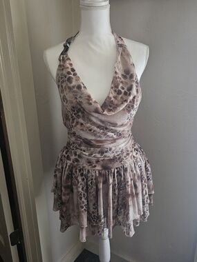 LA Express Halter Cowl-Neck Mini Dress in Light Taupe Animal Print